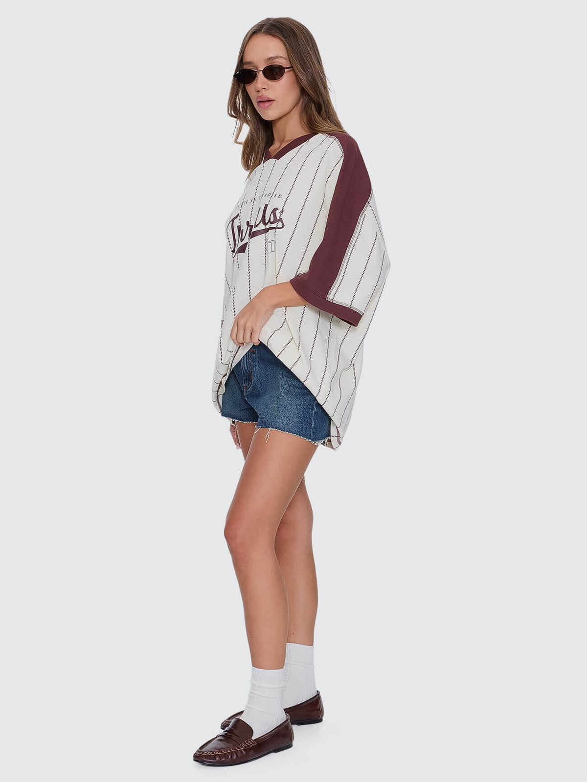 Womens Baseline Stripe V-Neck T Shirt Butter Cream - Image 5