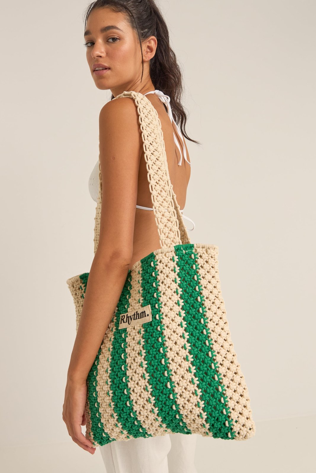 Dinero Stripe Crochet Tote Bag Green - Image 1