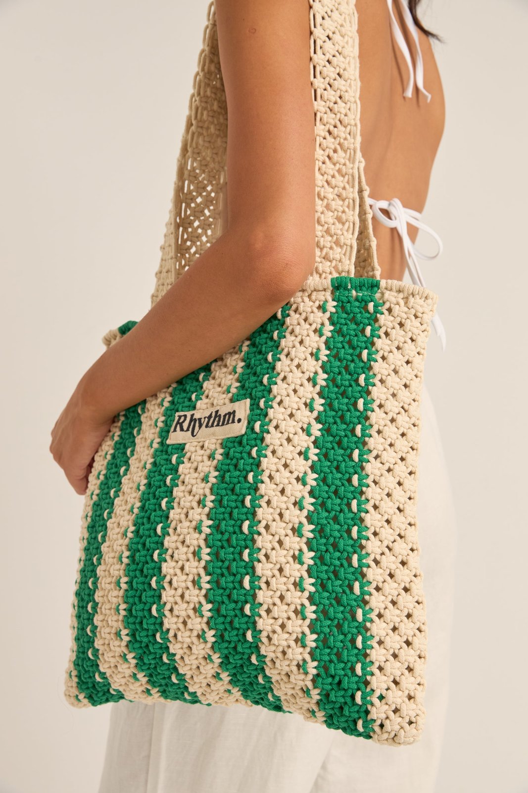 Dinero Stripe Crochet Tote Bag Green - Image 2