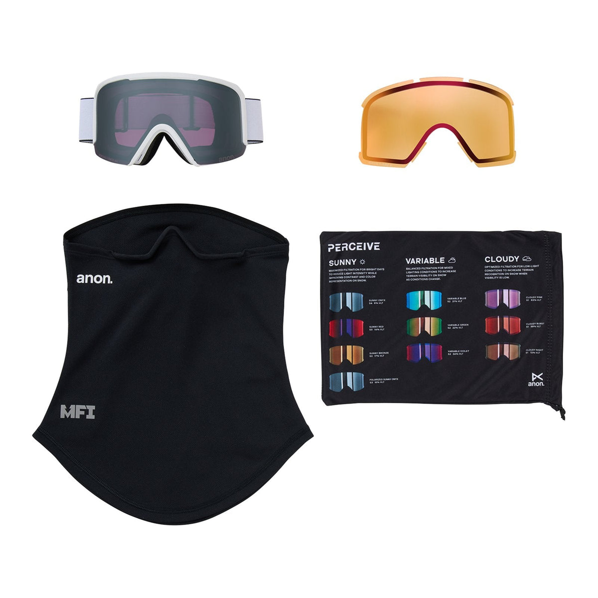 Nesa Low Bridge Fit Goggles + Bonus Lens + Mfi Face Mask White - Perceive Sunny Onyx Lens (6% / S4) w/ Perceive Cloudy Burst Lens (59% / S1) - Image 6