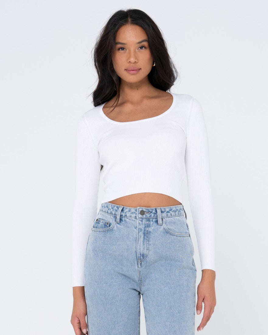 Rusty Charis Low Neckline Long Sleeve Knit Top White