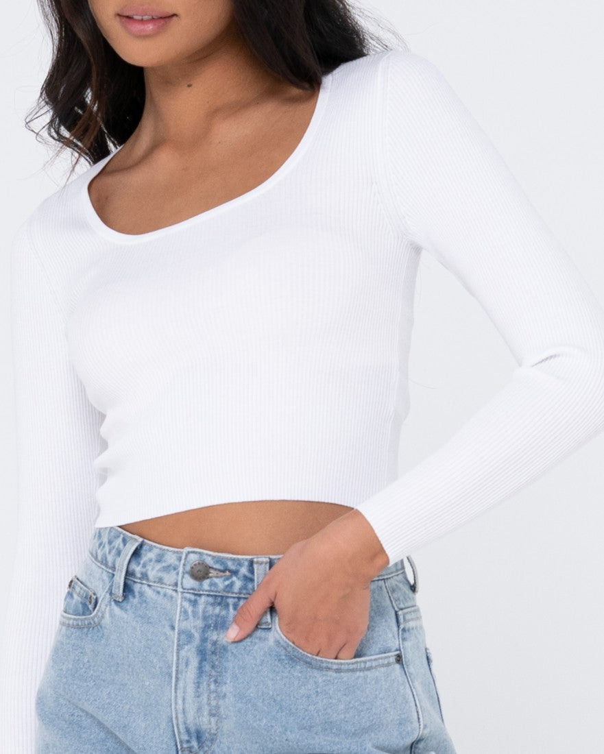 Rusty Charis Low Neckline Long Sleeve Knit Top White