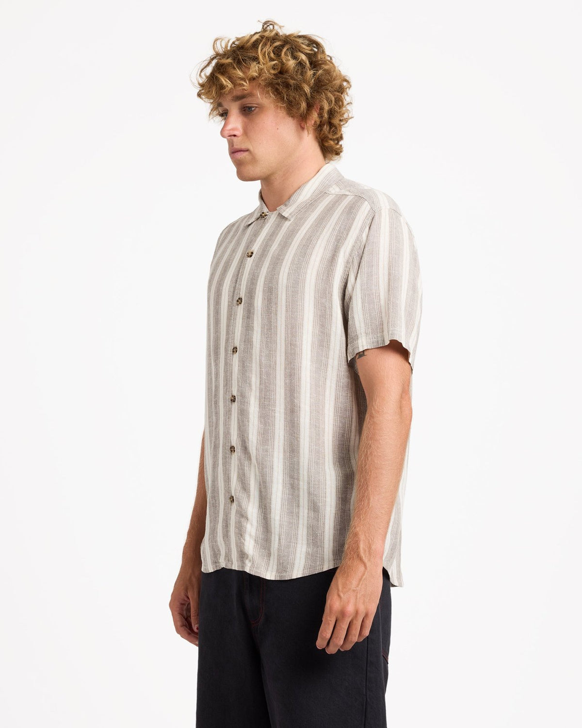 Mens Beat Stripe Short Sleeve Shirt Mushroom - Image 3