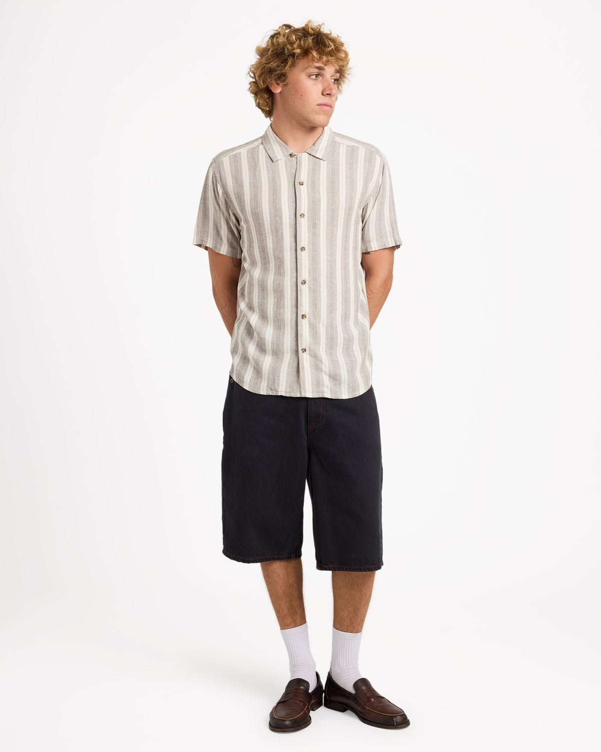 Mens Beat Stripe Short Sleeve Shirt Mushroom - Image 5
