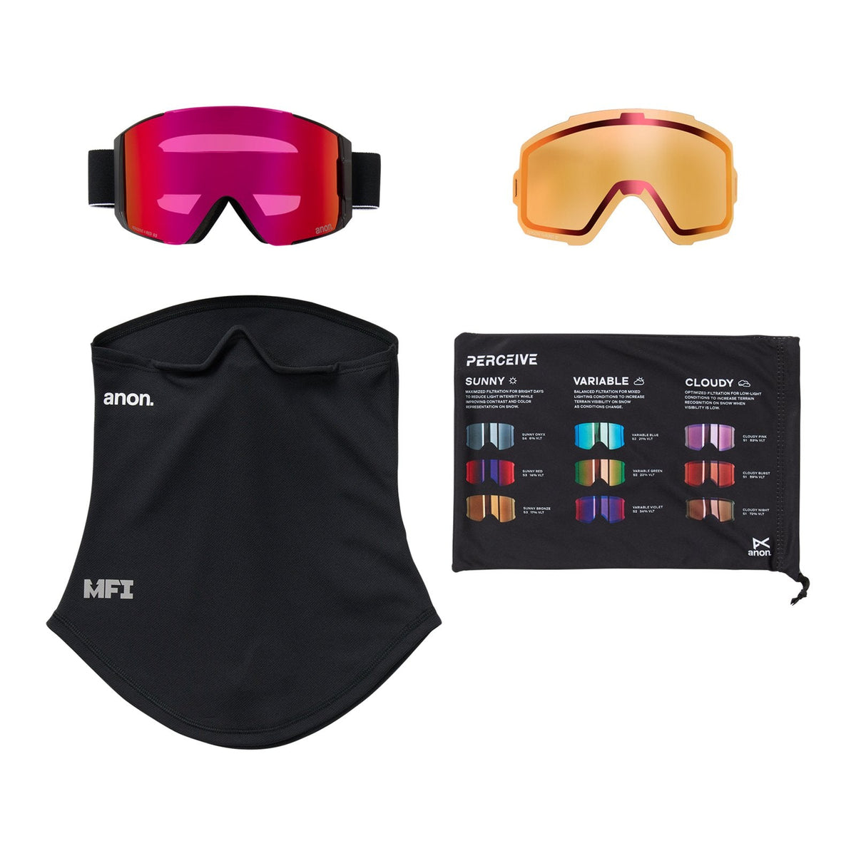 Sync Low Bridge Fit Goggles + Bonus Lens + Mfi Face Mask Black - Perceive Sunny Red Lens (14% / S3) w/ Perceive Cloudy Burst Lens (59% / S1) - Image 6