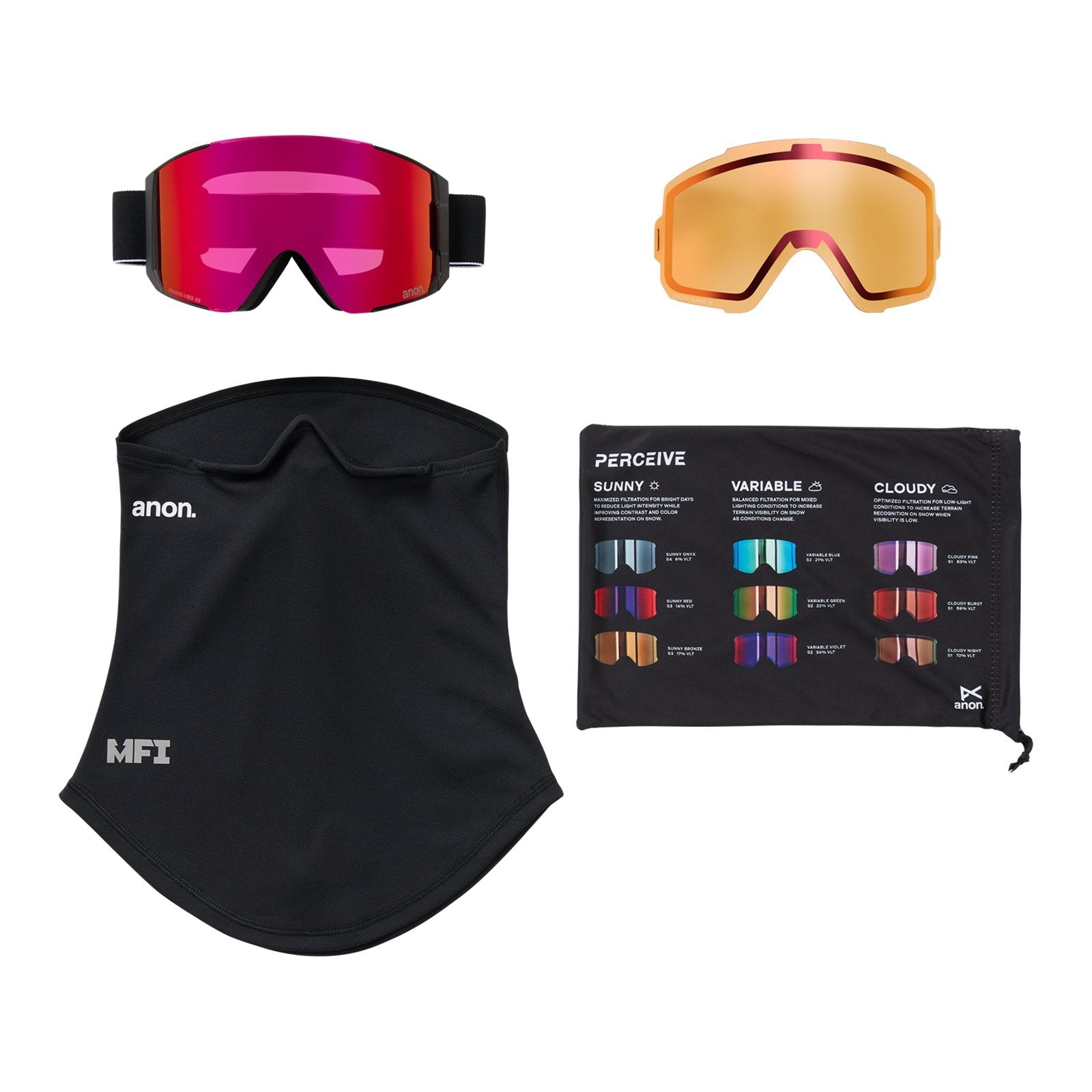 Sync Low Bridge Fit Goggles + Bonus Lens + Mfi Face Mask Black - Perceive Sunny Red Lens (14% / S3) w/ Perceive Cloudy Burst Lens (59% / S1) - Image 6