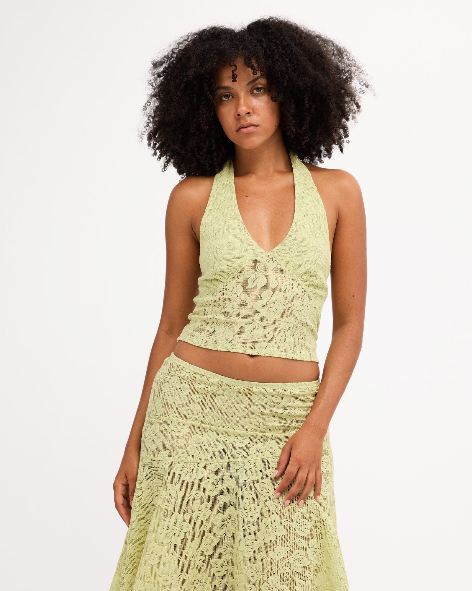 Womens Paisley Lace Halter Top Smoke Green - Image 1