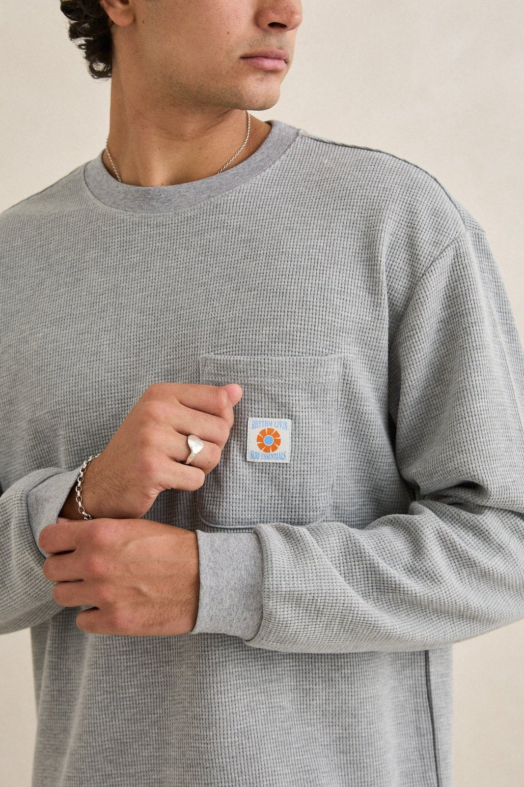 Vintage Pocket LS Waffle T Shirt Grey Heather - Image 3