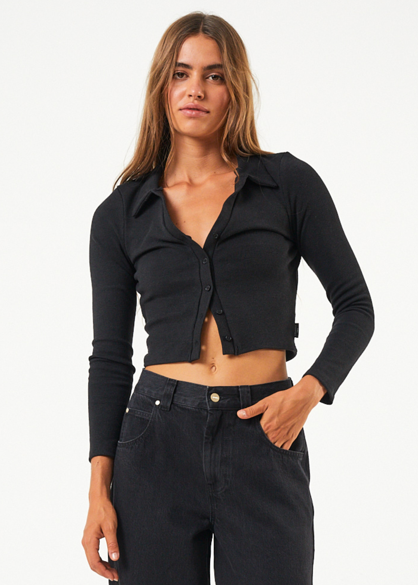 Afends Eliza Hemp Ribbed Long Sleeve Shirt - Black - Auski Australia