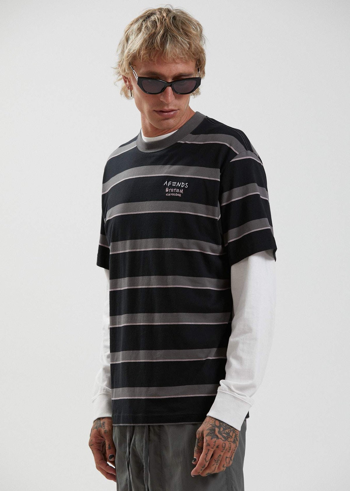 Afends Fight Stripe  - Retro Fit Tee - Black Black