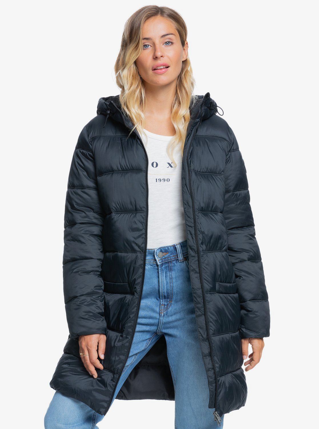 Roxy Womens Crest Of The Wave Longline Hooded Puffer Jacket Anthracite