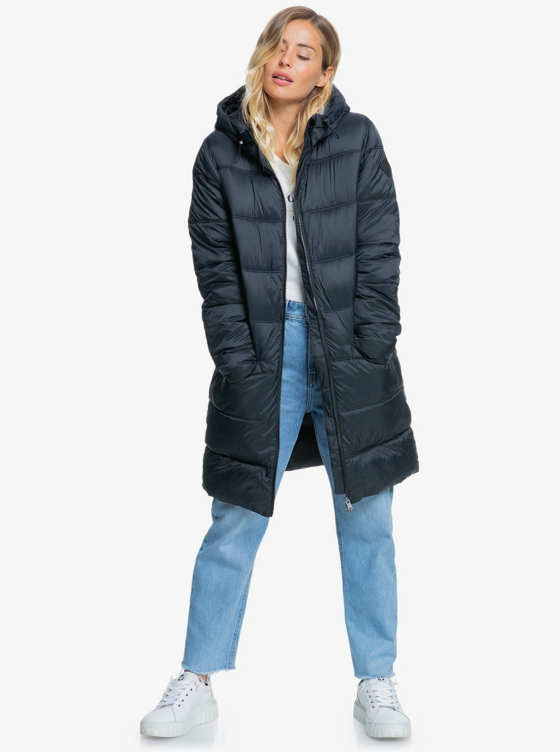 Roxy Womens Crest Of The Wave Longline Hooded Puffer Jacket Anthracite