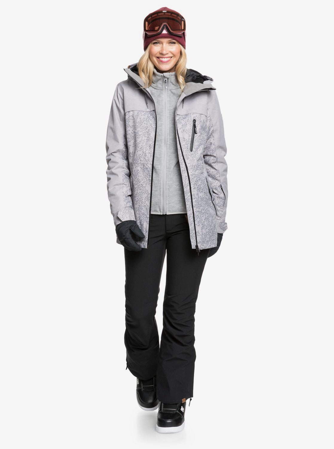 Roxy Womens Stated Parka Snow Jacket Heather grey blurry flowers