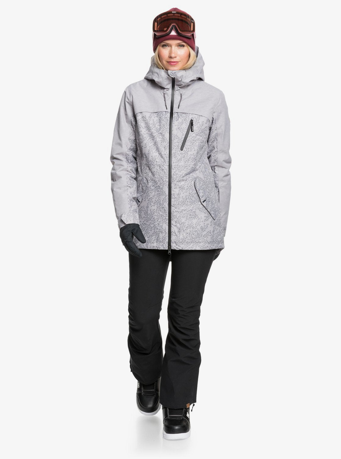 Roxy Womens Stated Parka Snow Jacket Heather grey blurry flowers