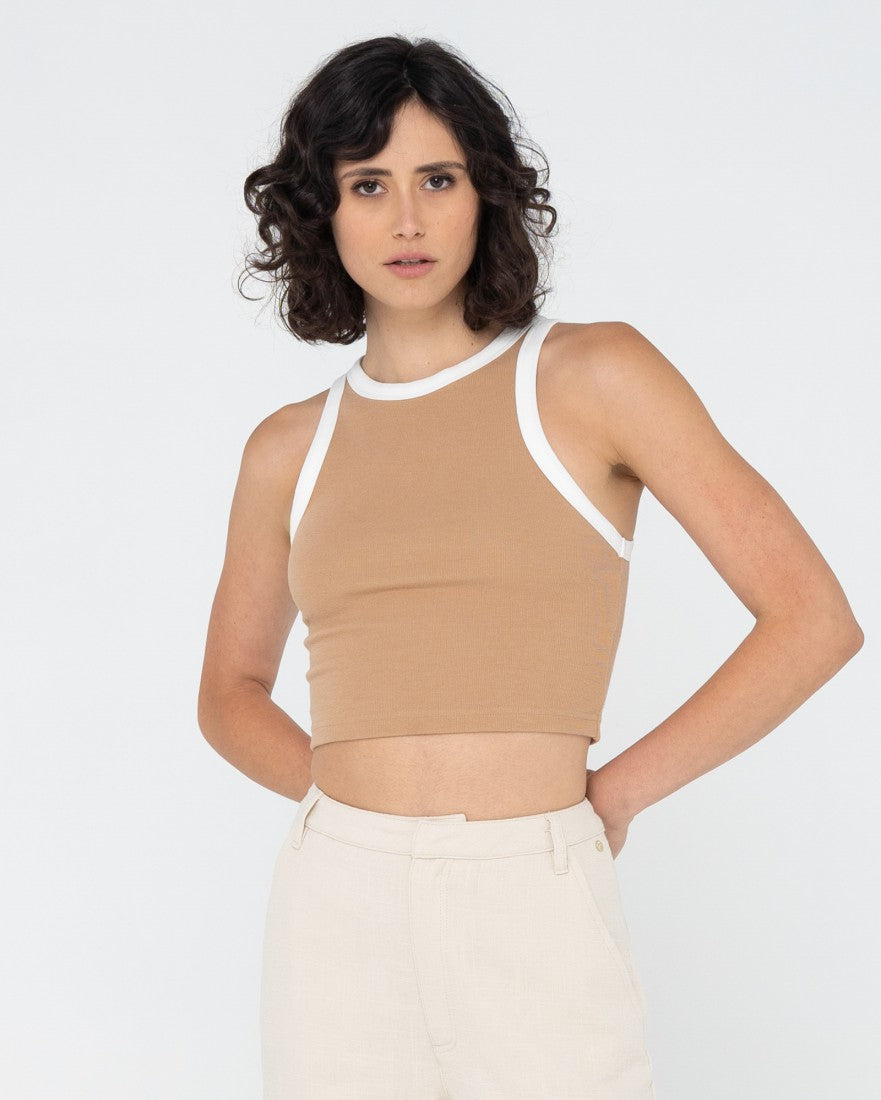 Rusty Everywhere Contrast Crop Racer Tank CAMEL