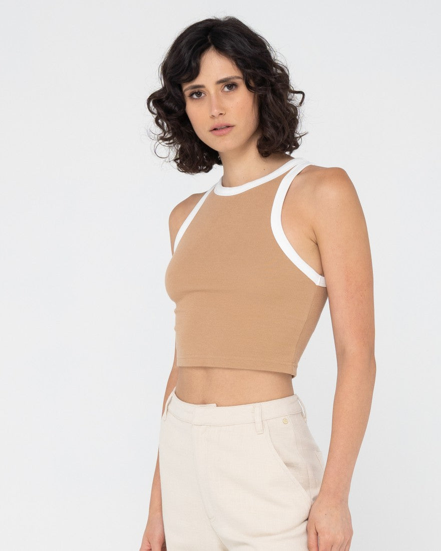 Rusty Everywhere Contrast Crop Racer Tank CAMEL
