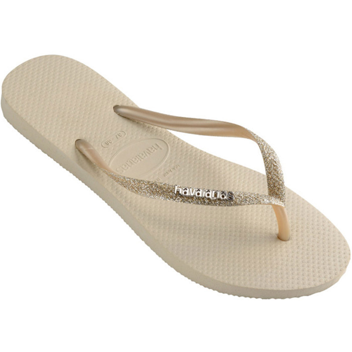 Slim Metal Logo Glitter Thongs Beige