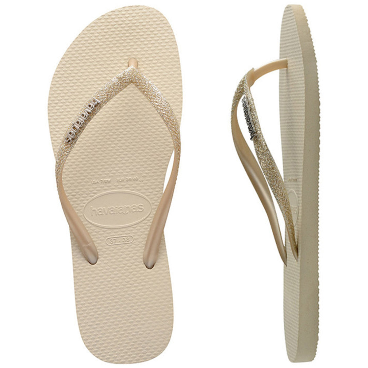 Slim Metal Logo Glitter Thongs Beige