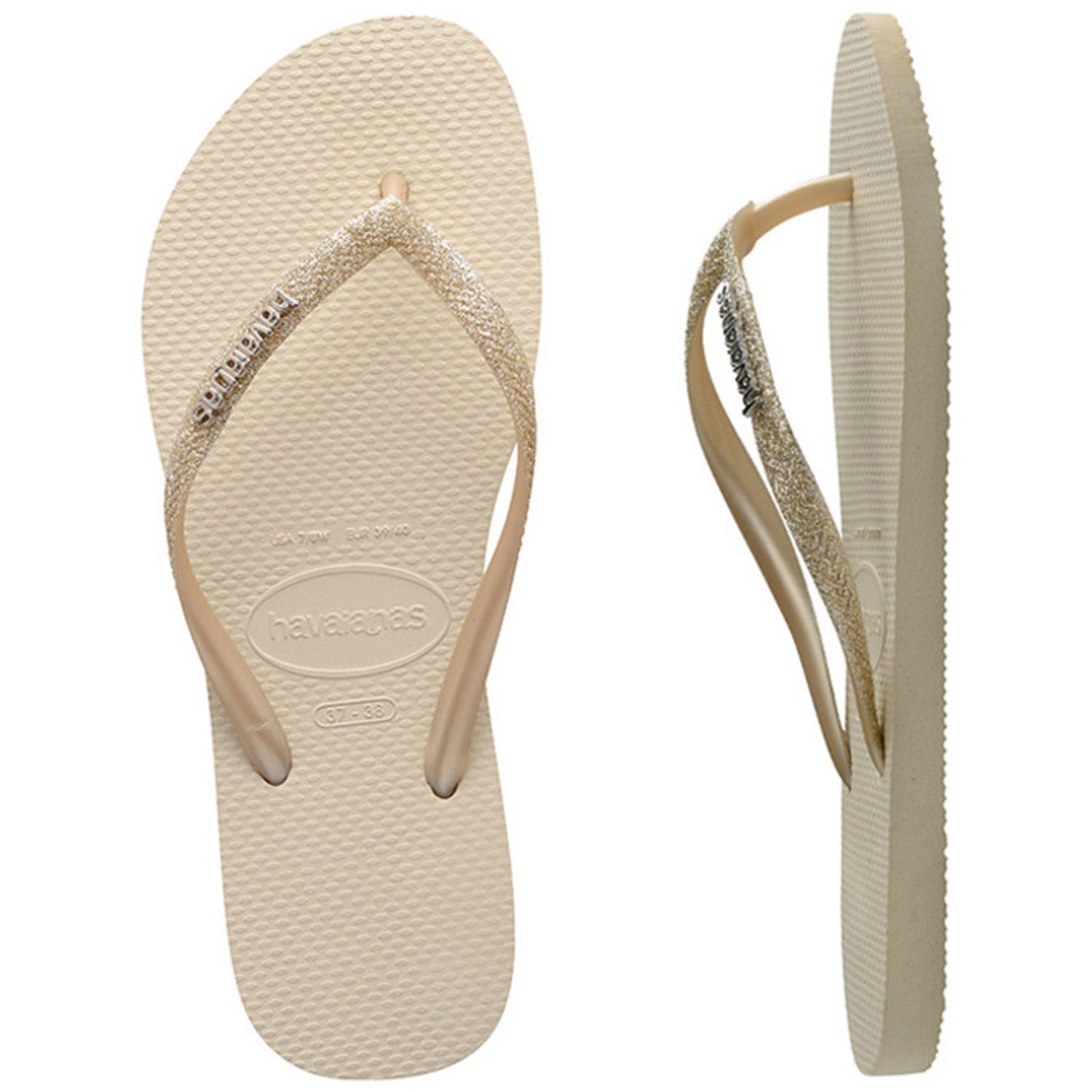 Slim Metal Logo Glitter Thongs Beige