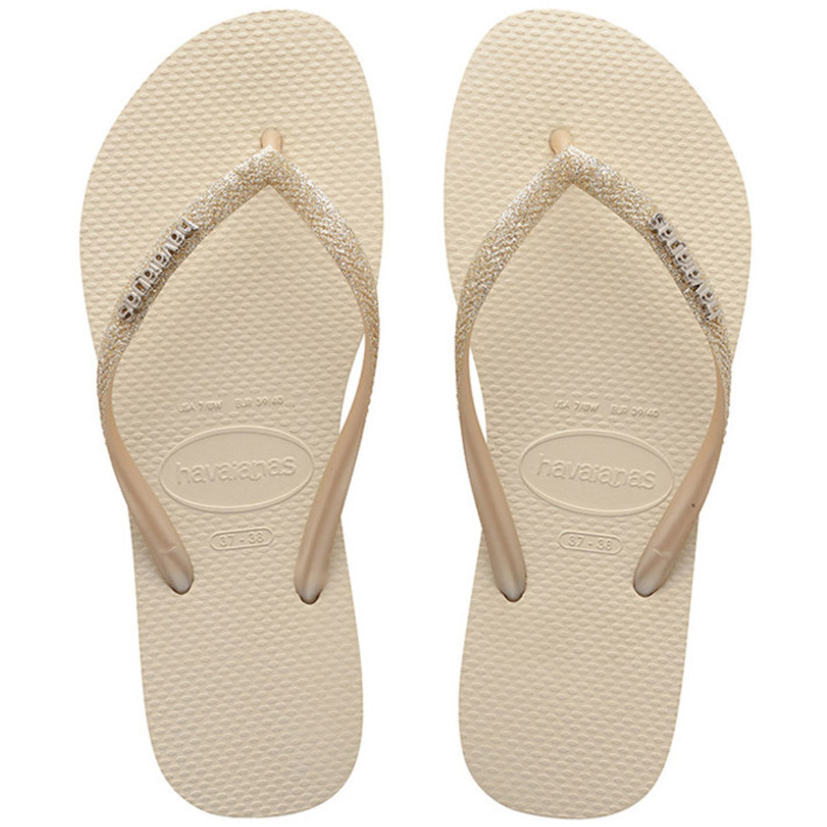 Slim Metal Logo Glitter Thongs Beige